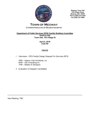 DPS Facility Building Committee Meeting, April 9, 5PM, Sanford Hall, Town Hall