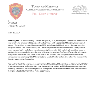 Press Release: Medway Fire Department Ambulance Involved in Accident - April 30, 2024