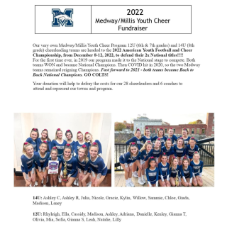 Medway/Millis Youth Cheer Heading to Nationals - Fundraiser