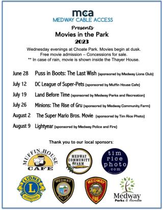 Medway Cable Access to Host Movies in the Park - Wednesday nights at Choate Park at dusk