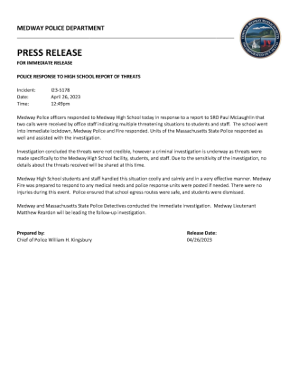Press Release from Chief Kingsbury regarding Medway High School Incident
