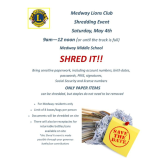Medway Lions Club Shred-It Event Saturday, May 4, 2024