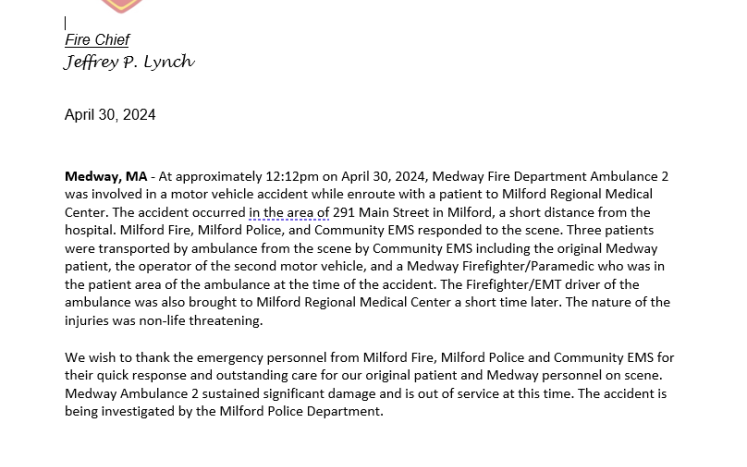 Press Release: Medway Fire Department Ambulance Involved in Accident - April 30, 2024