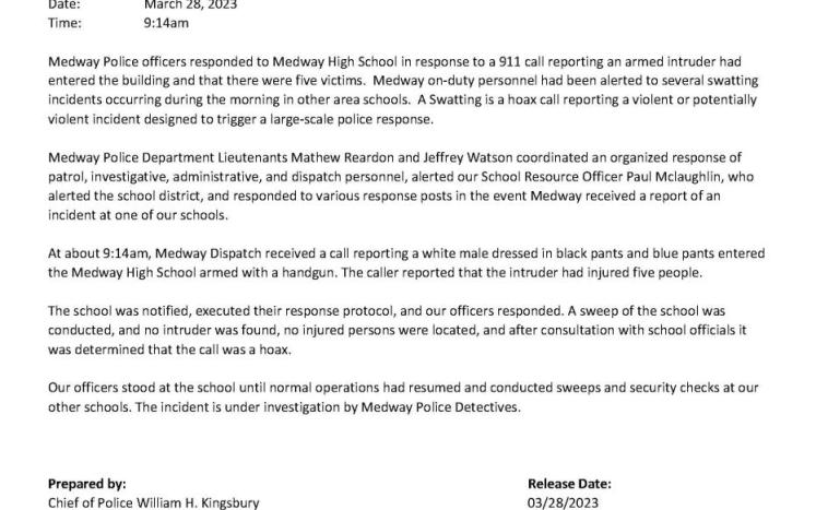 Press Release by Chief William Kingsbury regarding Swatting Incident at Medway High School on March 28, 2023