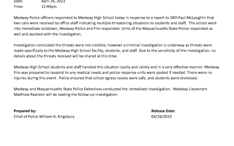 Press Release from Chief Kingsbury regarding Medway High School Incident